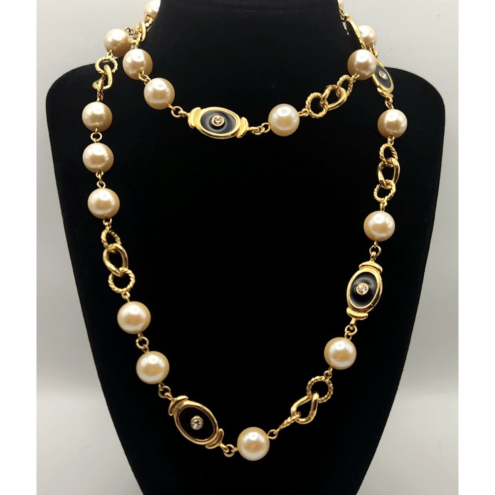 Joan Collins Necklace Dynasty Collection Faux Pearl Black Enamel Rhinestone 36in